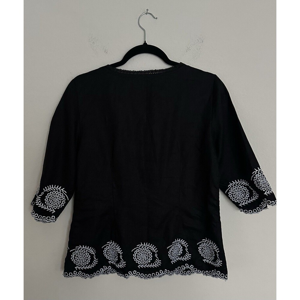 Ecologie Black 100% Linen Blouse, Size M, with White Embroidery and 3/4 Sleeve - Picture 5 of 13